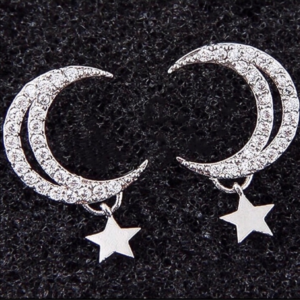 Delicate Silver Tone Moon & Dangling Star Earrings - Picture 7 of 8